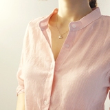 香港代购OL百搭2016春秋装新款小立领竖条纹棉麻布长袖衬衫女粉色