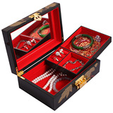 化妆品首饰盒手绘漆器中国风复古代带锁多层饰品箱结婚聘礼金盒木