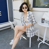 韩国代购2016春秋亚麻小西装女中长款长袖显瘦休闲格子薄款外套潮