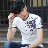 夏季中国风花纹男士短袖t恤修身立领polo衫有领带领体恤男装上衣