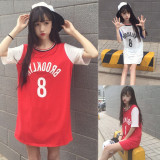 韩国ulzzang连衣裙子夏季原宿学生中长款短袖女bfT恤上衣篮球衣潮