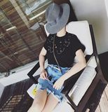 2016韩版夏季新款女装宽松时尚大码短袖中长款钉珠破洞T恤上衣潮