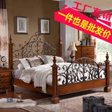 美式乡村复古实木床欧式简约1.5 1.8米床铁艺双人床复古深色婚床