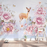温馨美式田园花朵麋鹿墙纸 客厅电视背景墙壁纸 手绘卧室婚房壁画