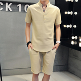 2016夏季新款韩版修身运动短裤男套装短袖T恤 亚麻立领青年时尚潮
