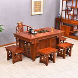 实木功夫茶桌将军台茶桌椅组合南榆木茶艺桌明清仿古雕花家具中式