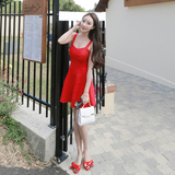 韩国2016女装冰丝针织红色吊带漏肩连衣裙夏小清新中裙性感修身