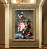 玄关竖幅客厅欧美式高档手工装饰画有框画纯手绘花卉牡丹花油画