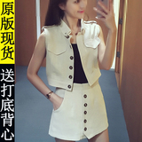 夏季新款2016韩版时尚军旅风套装裙女单排扣外套半身短裙裤三件套