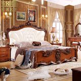 欧式真皮床实木雕花双人美式床深色1.8米奢华婚床新古典