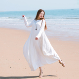 唐装中国风改良汉服女装棉麻连衣裙夏民族风长袖白色复古大摆长裙