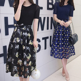 2016夏季新款两件套韩版时尚短袖套裙圆领中长款连衣裙女裙套装夏