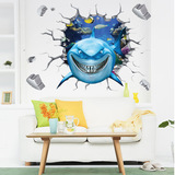 男学生宿舍墙上贴画卡通3D立体鲨鱼墙贴 卧室背景墙壁创意装饰