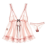 夏季深V大露背性感诱惑透明蕾丝网纱睡裙吊带夜衣超短粉色睡衣