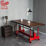美式工业手摇升降桌升降电脑桌办公桌复古铁艺会议桌实木升降餐桌
