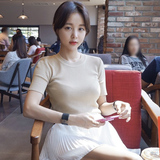 2016夏装女装韩版半高圆领短袖针织衫t恤女纯色套头打底衫上衣薄