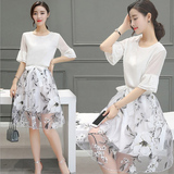 2016夏季新款韩版女装雪纺短袖气质印花欧根纱连衣裙两件套装