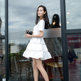 2016新款夏季白色连衣裙短裙韩版镂空纯色高腰修身短袖A字蛋糕裙