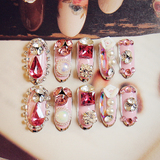 粉色银边水滴粉钻 24片宝珠新娘成品美甲 假指甲产品可爱贴片成品