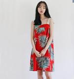 韩国 复古甜美椰树印花吊带裙 森女系气质蕾丝拼接棉麻连衣裙