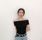 韩国chic 复古性感身段一字领露肩修身螺纹短袖T恤 紧身打底衫女