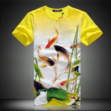 中国风夏季男士短袖T恤加肥特大码半袖有鲤鱼烫钻印花潮男装体恤