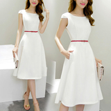 2016夏季新款连衣裙女装修身短袖韩版中长款白色小清新高腰a字裙