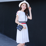 韩国SZ香港代购2016夏装新款条纹腰带一字领收腰显瘦连衣裙中长款