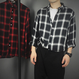 [小蟹] 日系男士复古垂感格子衬衫 韩国男装潮流休闲宽松长袖衬衣