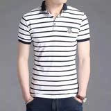 2016夏季青年韩版修身短袖 翻领纯棉条纹T桖 时尚休闲上衣男半袖