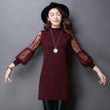 2016春装新款韩版蕾丝灯笼袖针织打底衫毛衣套头中长款连衣裙包邮