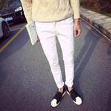 冬季潮流纯白色加绒牛仔裤男小脚修身韩版青少年弹力裤子男士长裤