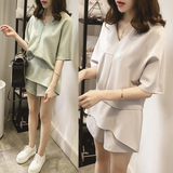 2016韩版新款大码女装宽松短袖雪纺衫套装甜美衣服甜美t恤两件套