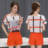 2016夏季新款韩版宽松印花短袖上衣两件套高腰显瘦时尚短裤套装女