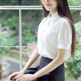 【天天特价】文艺清新日系森女夏款纯棉短袖手工绿线娃娃领白衬衫