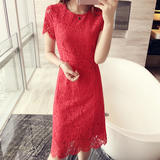2016夏装新款镂空蕾丝连衣裙红色短袖花边修身气质中长款裙子 女