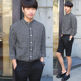 韩国代购男装夏季短袖韩版七分袖衬衫男士时尚格子立领中袖衬衣潮