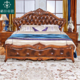 美式真皮实木床双人床欧式1.8米橡胶木儲物床1.5米高箱床婚床家具