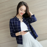 2016秋装新款针织开衫女韩版宽松大码短款格子外套九分袖外搭毛衣