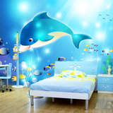 儿童大型壁画卧室床头背景墙纸儿童房卡通壁纸3d海底世界海豚墙布
