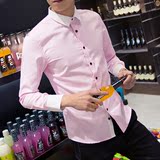 海蓝之家2016春夏男士韩版修身牛津纺时尚纯色衬衫青少年商务衬衫