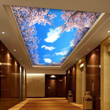 大型温馨樱花蓝天白云壁画 3D立体天花板吊顶墙纸 电视背景墙壁纸