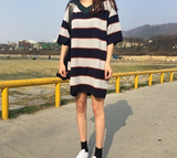 2016夏新款韩版连衣裙宽条纹七分袖针织衫套头中长款T恤连衣裙女
