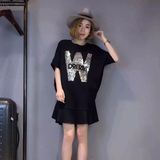 欧洲站2016夏季新品女装韩版荷叶边字母M短袖薄款中长款连衣裙潮
