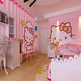 hellokitty猫儿童房卡通卧室床头背景墙纸壁画女孩公主房粉色壁纸