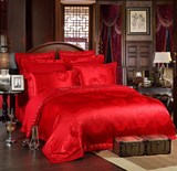 贡缎提花大红色婚庆四件套床盖式结婚床上用品纯棉1.8/2.0m全棉