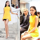 香港代购 高圆圆迪丽热巴明星同款 修身不规则下摆无袖黄色连衣裙