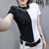 欧洲站T恤女夏新款半高领流苏黑白撞色拼接短袖修身百搭个性上衣