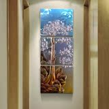 金画笔迎客松竖版现代装饰画客厅玄关壁画水晶3D无框手工挂画