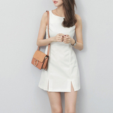 AMIN2016韩版新款开叉无袖显瘦连衣裙圆领简约修身中短修身裙子夏